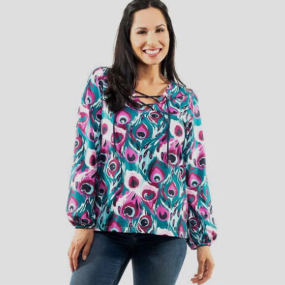 TRACY NEGOSHIAN Green Pink Black Lace-Up V-Neck Peacock Kinlee Top XXS